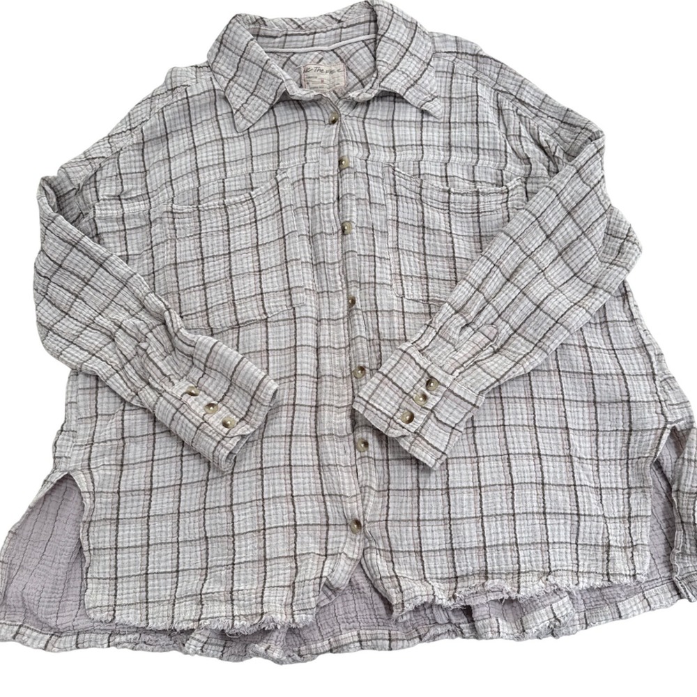 Free People Cardiff Plaid Buttondown Shirt Misty Lilac Combo Beige Size Med - Picture 5 of 6